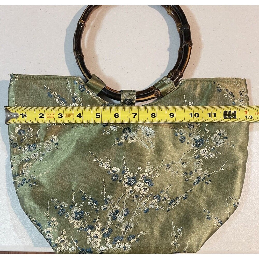 Asian Inspired Green Floral Handbag Brown Bamboo Handles - Picture 12 of 15